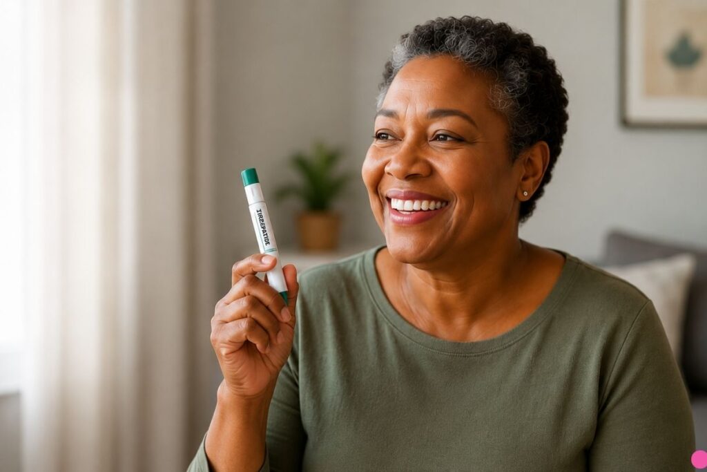 Smiling woman with medical device