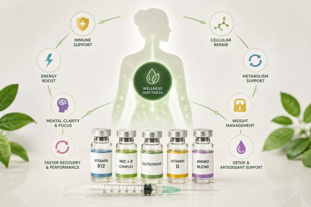 Wellness injectable nutrients and vitamins supporting energy, metabolism, immune health, recovery, and overall wellness.